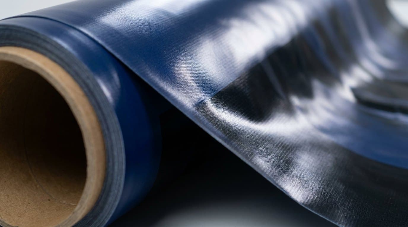 A part-unrolled roll of glossy blue banner vinyl