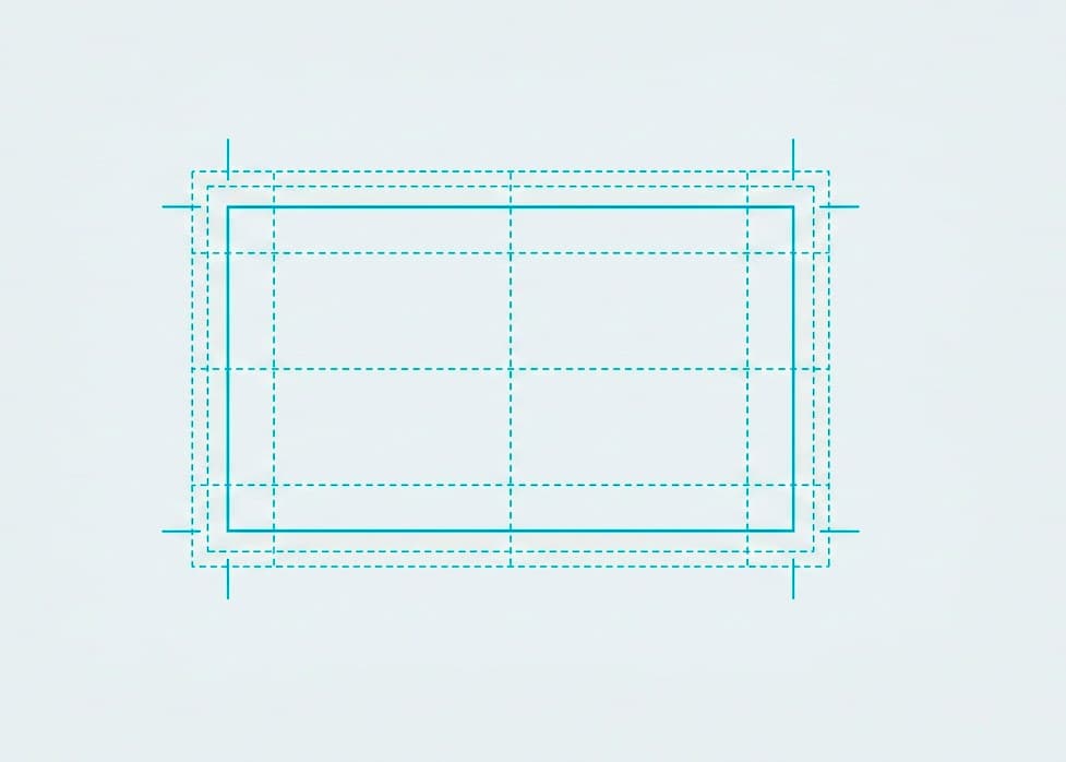 A press sheet marked up with registration targets, crop marks and trim guides